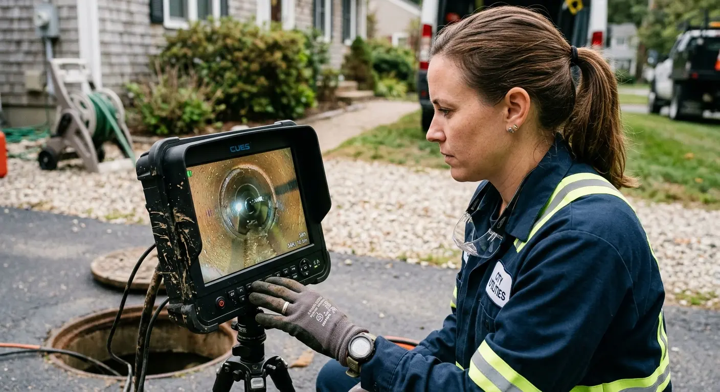 Technician reviewing sewer camera inspection footage in Boxford