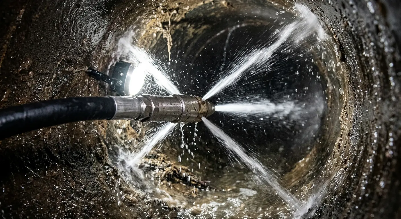 High-pressure hydro jetting nozzle cleaning sewer pipe for Trenchless Sewer Repair in Boxford