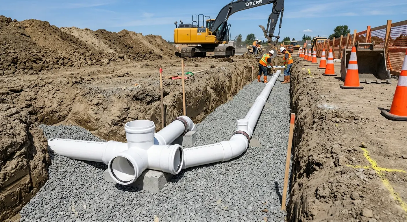New PVC sewer pipe installation in open trench for Sewer Backup in Boxford