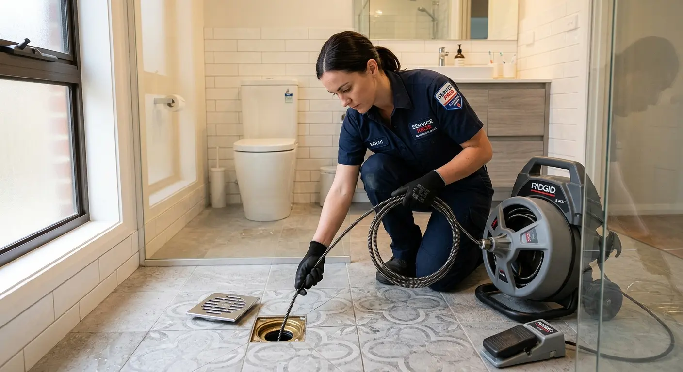 Technician clearing a bathroom floor drain for Sewer Line Replacement in Boxford